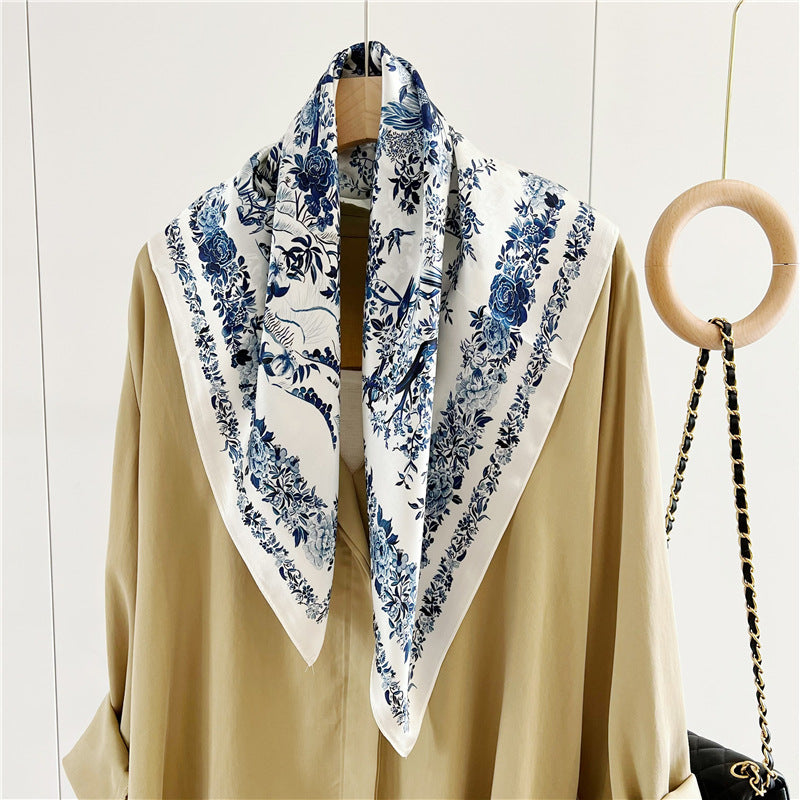 Blue Vintage  Fashion Mulberry Silk Square Scarf