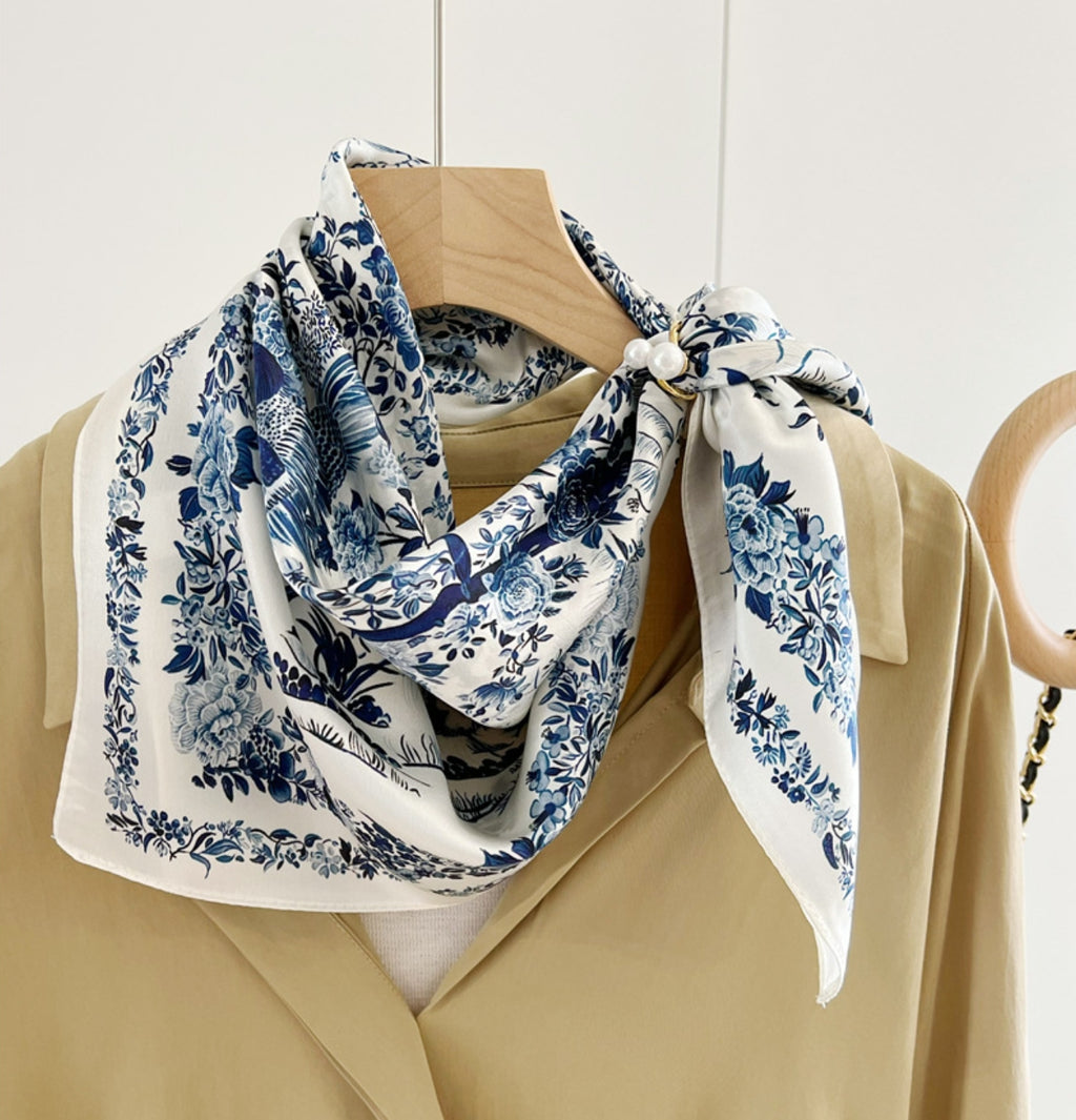 Blue Vintage  Fashion Mulberry Silk Square Scarf