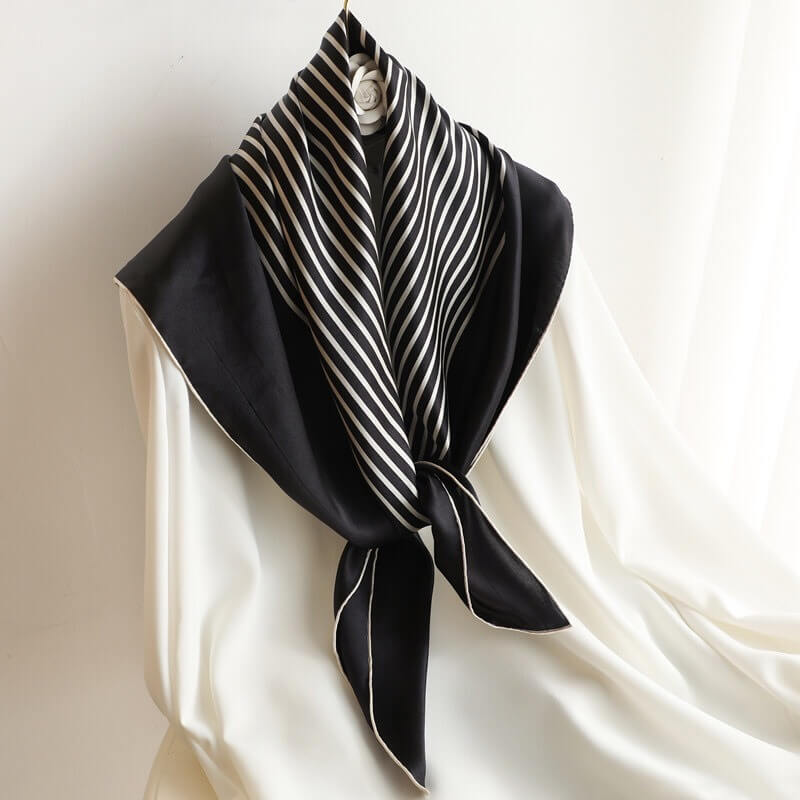Black and White Striped Geometric Striped Large Silk Square Scarf 35 inch