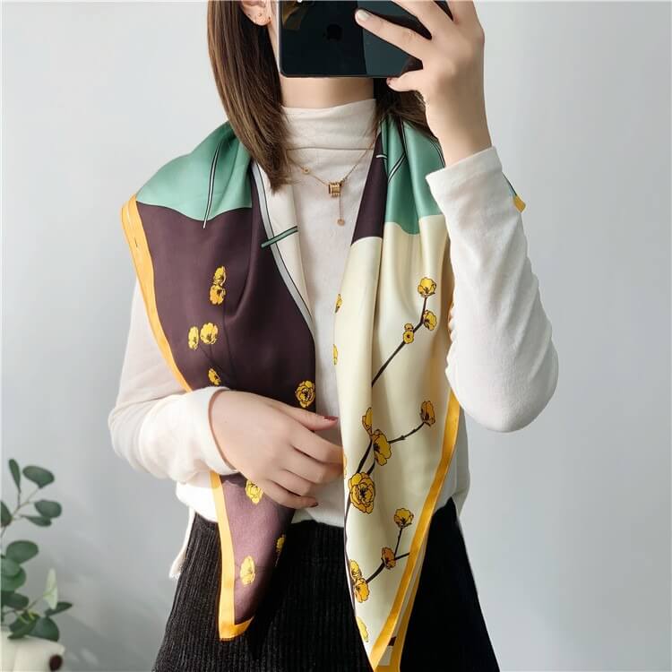 Fashion Patchwork Floral Mulberry Silk Scarf 35 inch 14 momme