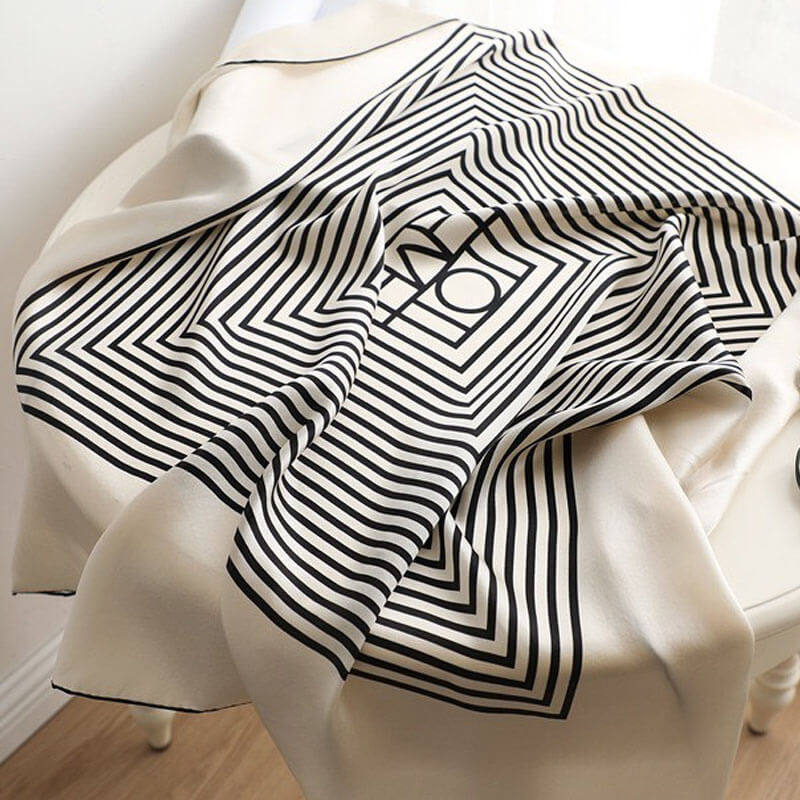 Black and White Striped Geometric Striped Large Silk Square Scarf 35 inch