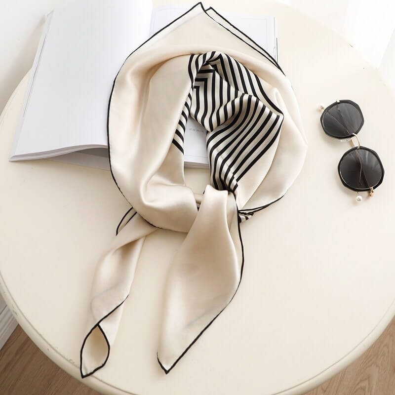 Black and White Striped Geometric Striped Large Silk Square Scarf 35 inch
