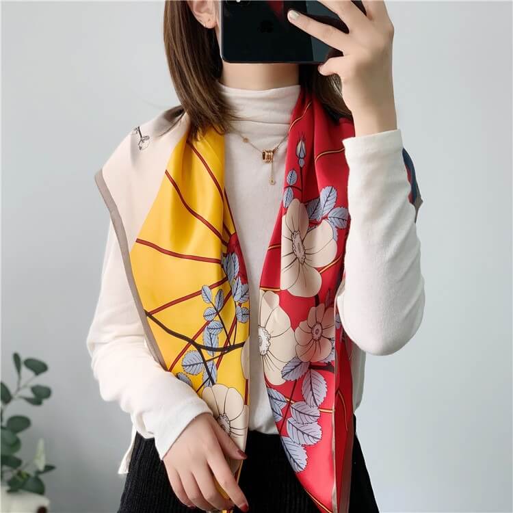 Fashion Patchwork Floral Mulberry Silk Scarf 35 inch 14 momme