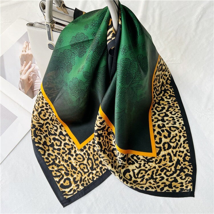Leopard Dark Green Fashion Silk Square Head Scarf for Women - 12 momme