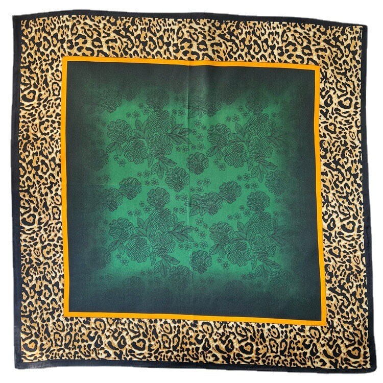 Leopard Dark Green Fashion Silk Square Head Scarf for Women - 12 momme