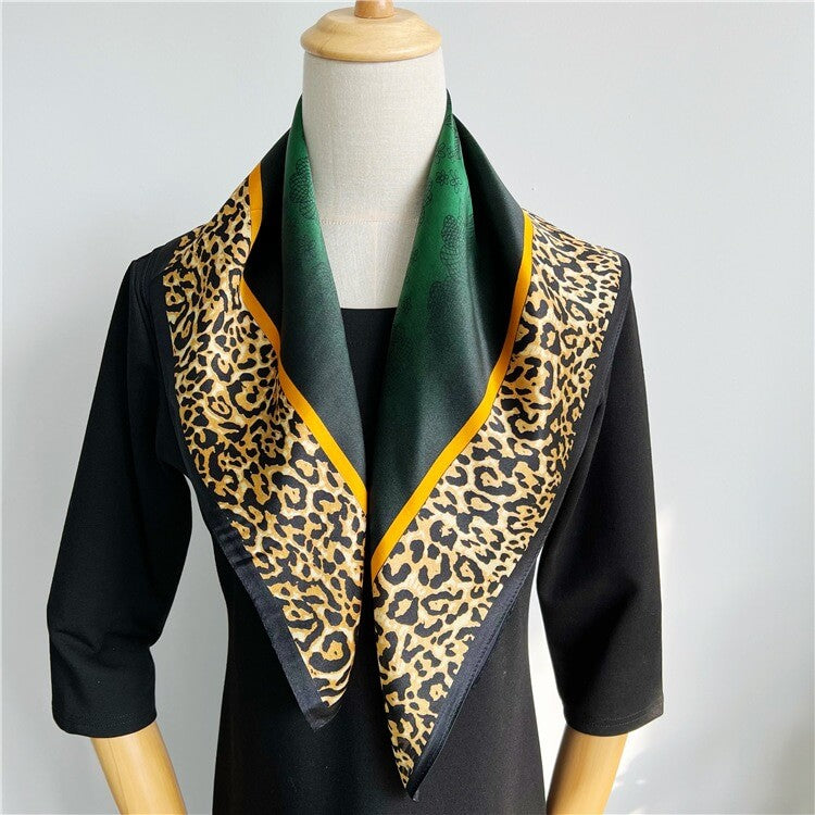 Leopard Dark Green Fashion Silk Square Head Scarf for Women - 12 momme