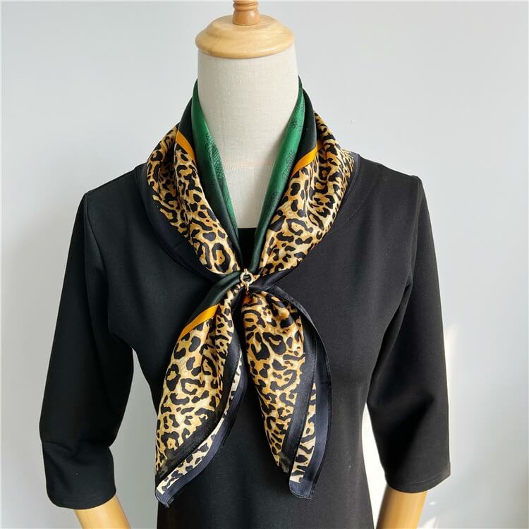 Leopard Dark Green Fashion Silk Square Head Scarf for Women - 12 momme