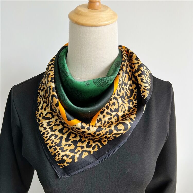 Leopard Dark Green Fashion Silk Square Head Scarf for Women - 12 momme