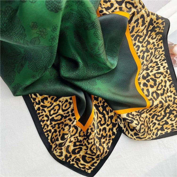 Leopard Dark Green Fashion Silk Square Head Scarf for Women - 12 momme