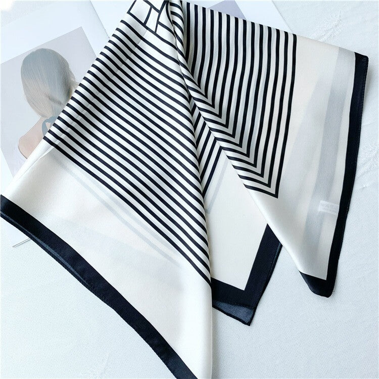 Black And White Stripe Print Silk Square Scarf for Hair - 12 momme