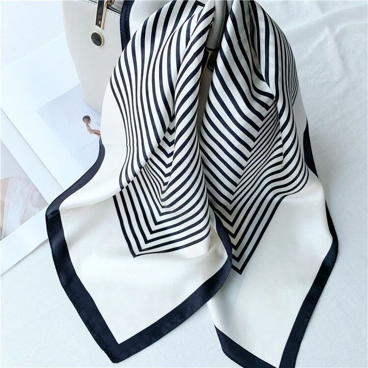 Black And White Stripe Print Silk Square Scarf for Hair - 12 momme