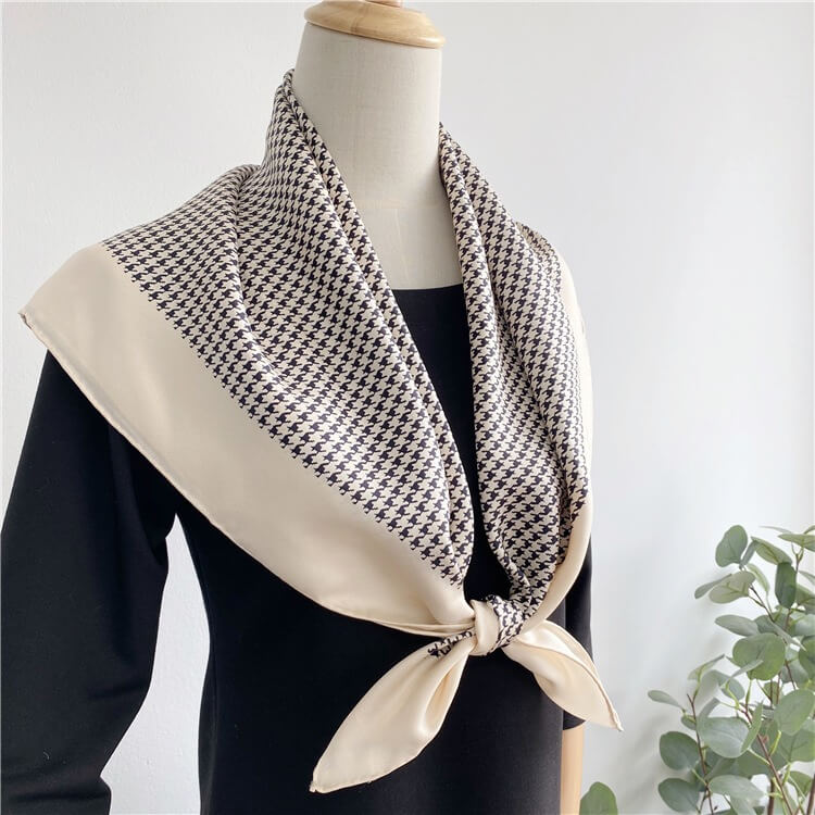 Houndstooth Black and White French Twill Silk Square Scarf 35 inch 14 momme