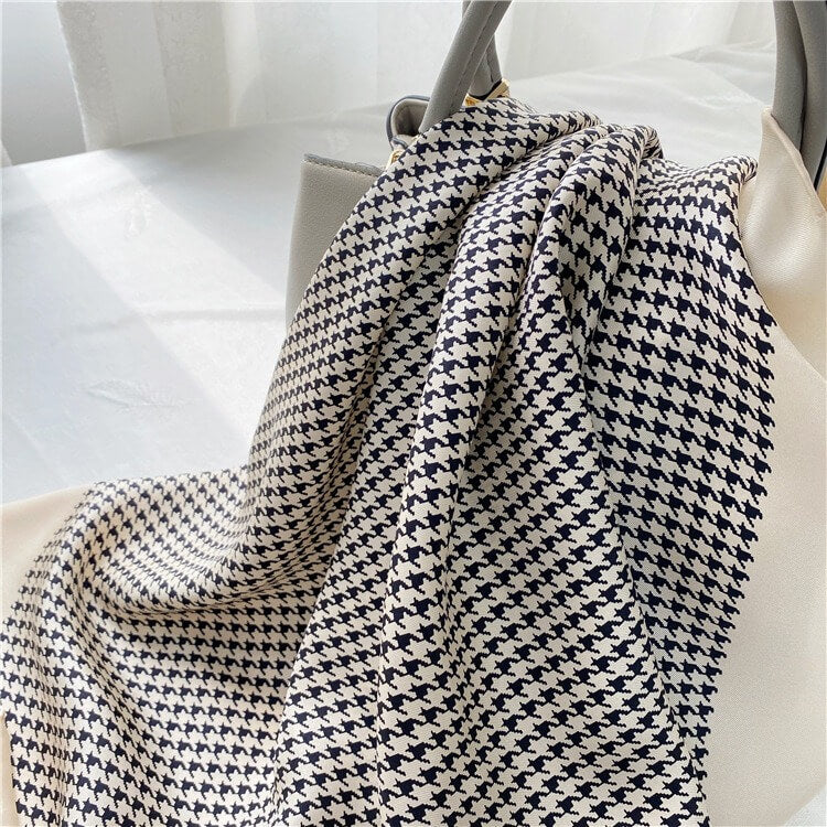 Houndstooth Black and White French Twill Silk Square Scarf 35 inch 14 momme