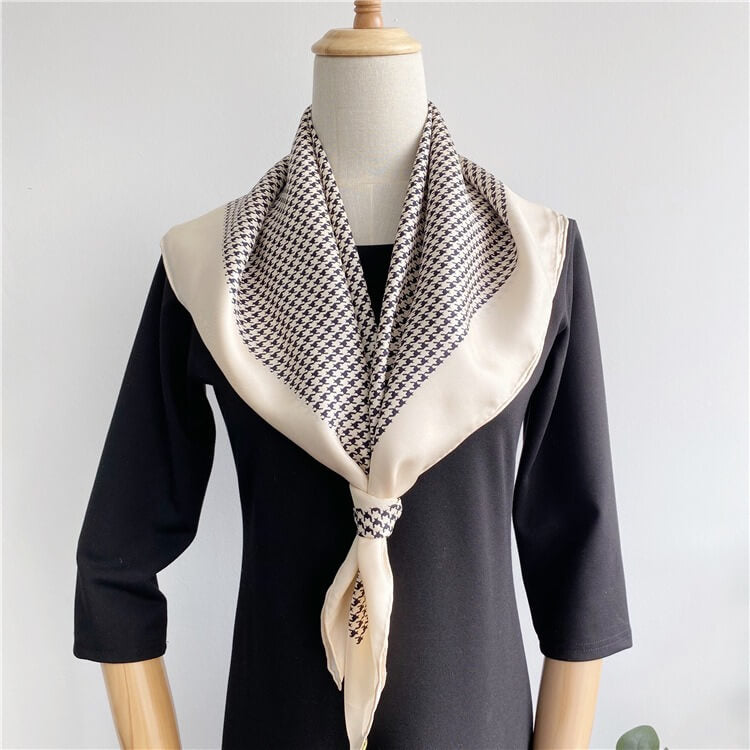Houndstooth Black and White French Twill Silk Square Scarf 35 inch 14 momme