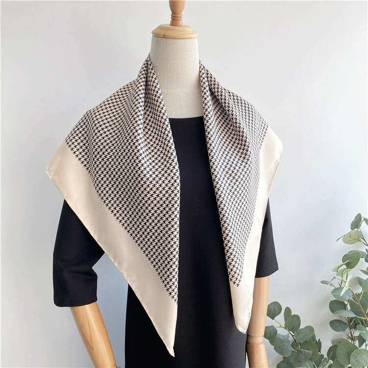 Houndstooth Black and White French Twill Silk Square Scarf 35 inch 14 momme