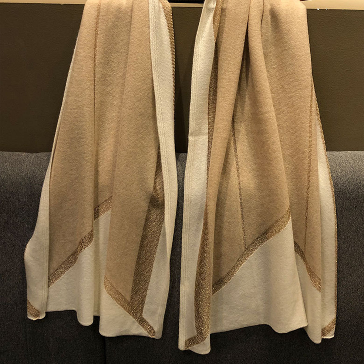 Beige Knitted 100s Cashmere Wrap with Gold Silk