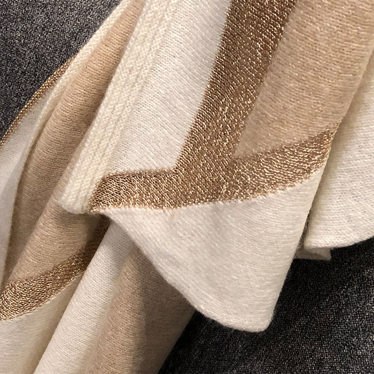 Beige Knitted 100s Cashmere Wrap with Gold Silk