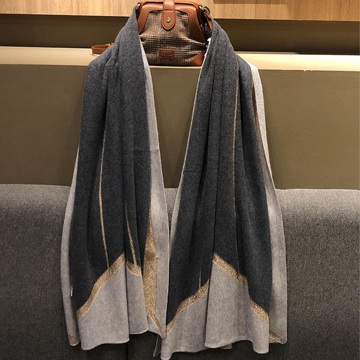 Grey Knitted Cashmere Wrap with Gold Silk