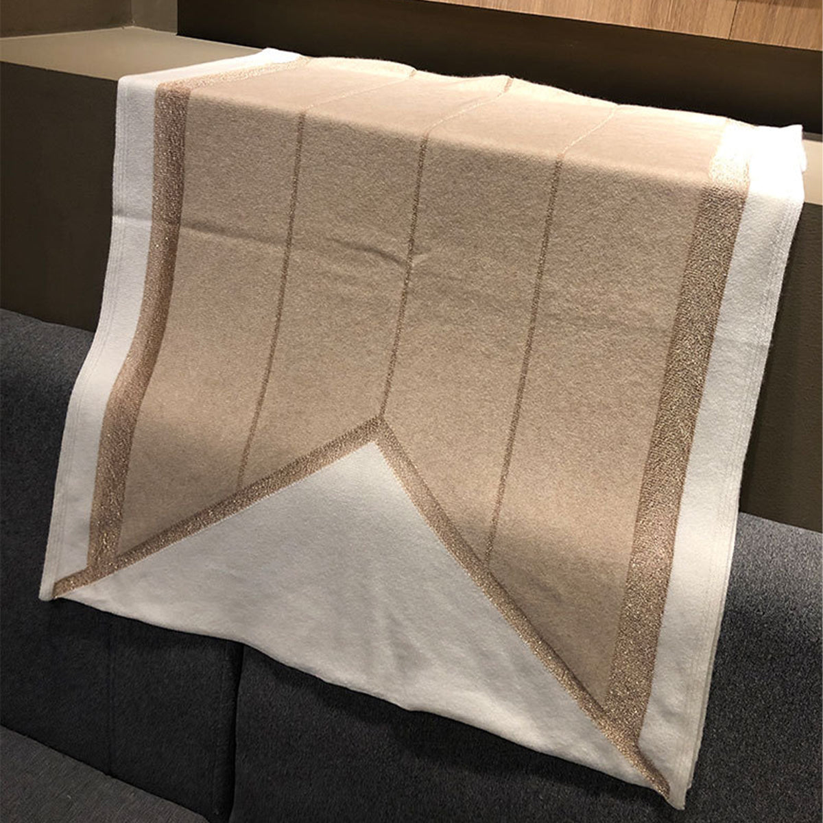 Beige Knitted 100s Cashmere Wrap with Gold Silk